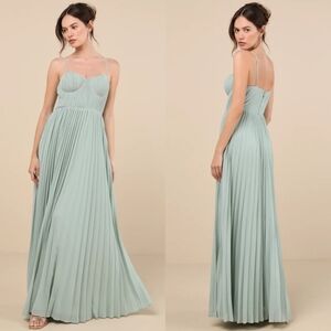 Lulus Admirable Elegance Sage Green Pleated Bustier Maxi Dress L Wedding Party